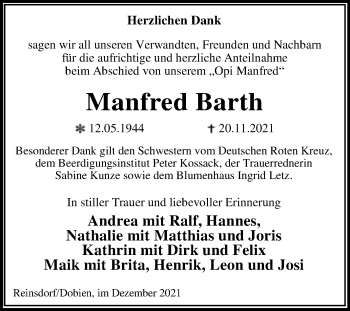 Traueranzeige von Manfred Barth von Trauerkombi Wittenberg