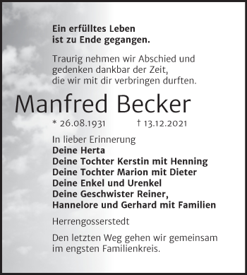 Traueranzeige von Manfred Becker von Naumburger Tageblatt