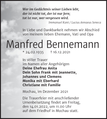 Traueranzeige von Manfred Bennemann von Trauerkombi Wittenberg