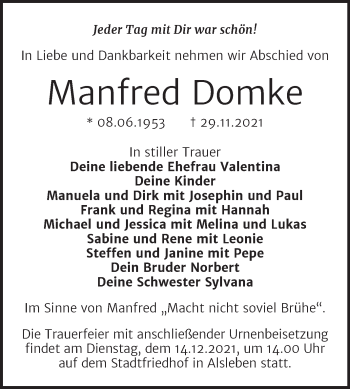 Traueranzeige von Manfred Domke von Trauerkombi Bernburg