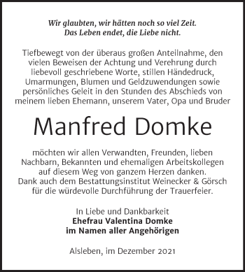 Traueranzeige von Manfred Domke von Trauerkombi Bernburg