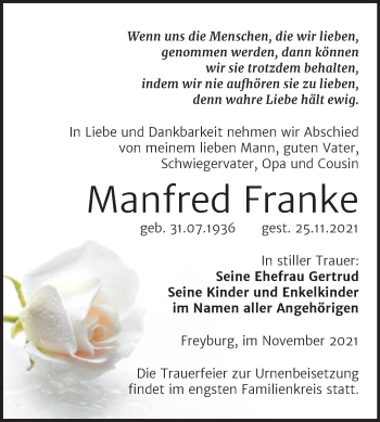 Traueranzeige von Manfred Franke von Naumburger Tageblatt