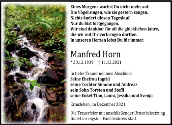 Traueranzeige von Manfred Horn von Trauerkombi Quedlinburg