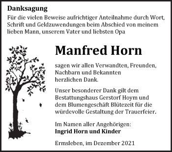 Traueranzeige von Manfred Horn von Trauerkombi Quedlinburg