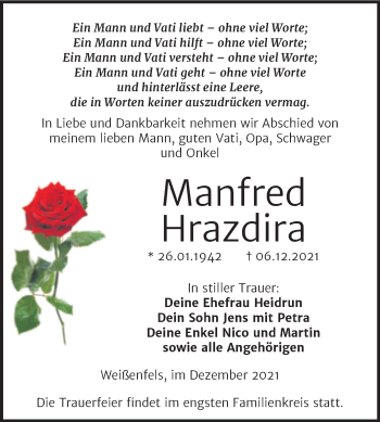 Traueranzeige von Manfred Hrazdira von Trauerkombi Weißenfels