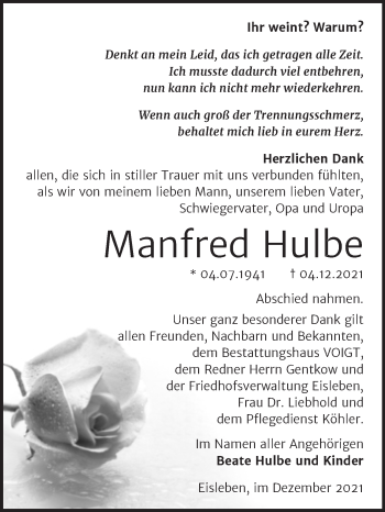 Traueranzeige von Manfred Hulbe von Trauerkombi Mansfelder Land