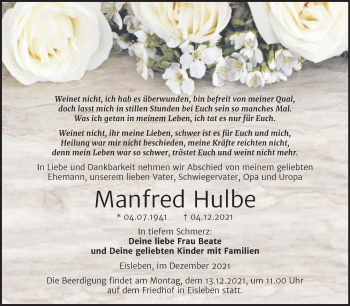 Traueranzeige von Manfred Hulbe von Trauerkombi Mansfelder Land