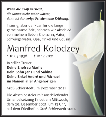 Traueranzeige von Manfred Kolodzey von Trauerkombi Aschersleben