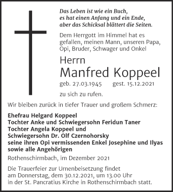 Traueranzeige von Manfred Koppeel von Trauerkombi Mansfelder Land