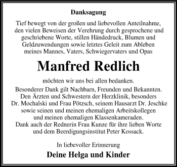 Traueranzeige von Manfred Redlich von Trauerkombi Wittenberg