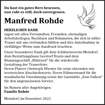 Traueranzeige von Manfred Rohde von Trauerkombi Quedlinburg