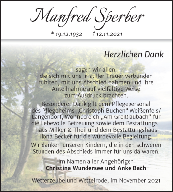 Traueranzeige von Manfred Sperber von Trauerkombi Sangerhausen