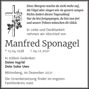 Traueranzeige von Manfred Sponagel von Mitteldeutsche Zeitung