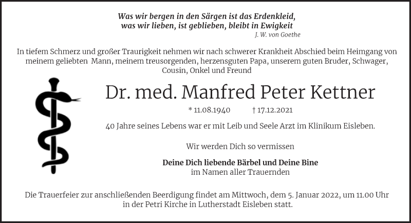  Traueranzeige für Manfred Peter Kettner vom 28.12.2021 aus Mitteldeutsche Zeitung Mansfelder Land