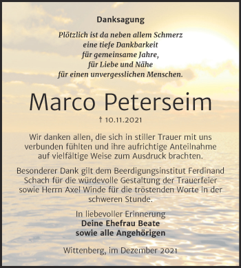 Traueranzeige von Marco Peterseim von Trauerkombi Wittenberg