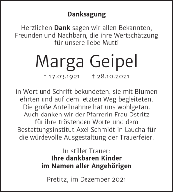 Traueranzeige von Marga Geipel von Mitteldeutsche Zeitung Merseburg/Querfurt