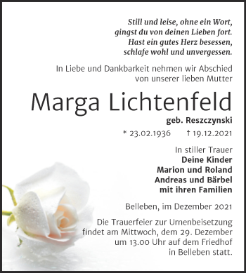 Traueranzeige von Marga Lichtenfeld von Trauerkombi Bernburg