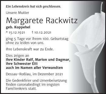 Traueranzeige von Margarete Backwitz von Trauerkombi Dessau
