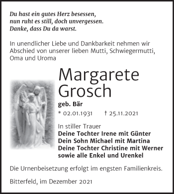 Traueranzeige von Margarete Grosch von Trauerkombi Bitterfeld