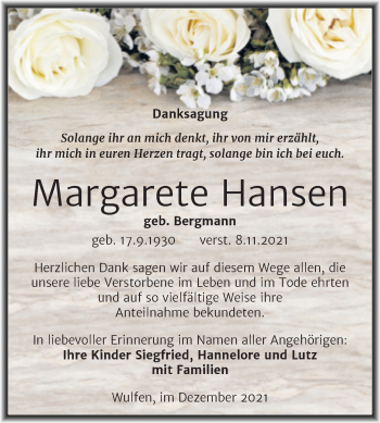 Traueranzeige von Margarete Hansen von Trauerkombi Köthen