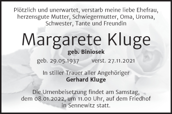 Traueranzeige von Margarete Kluge von Mitteldeutsche Zeitung Halle/Saalkreis