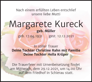 Traueranzeige von Margarete Kureck von Trauerkombi Bitterfeld
