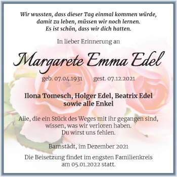 Traueranzeige von Margarete Emma Edel von Trauerkombi Merseburg