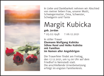Traueranzeige von Margit Kubicka von Trauerkombi Quedlinburg