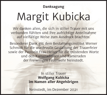 Traueranzeige von Margit Kubicka von Trauerkombi Quedlinburg