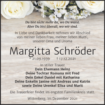 Traueranzeige von Margitta Schröder von Trauerkombi Wittenberg