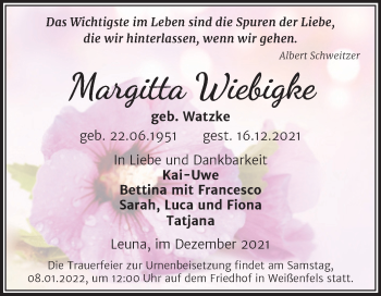 Traueranzeige von Margitta Wiebigke von Trauerkombi Weißenfels