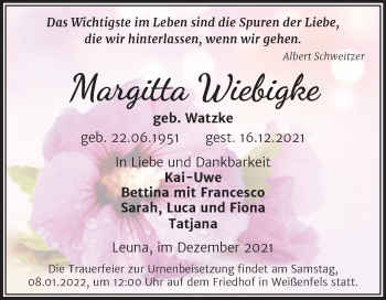 Traueranzeige von Margitta Wiebiigke von Trauerkombi Weißenfels
