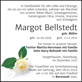 Traueranzeige von Margot Bellstedt von Trauerkombi Sangerhausen
