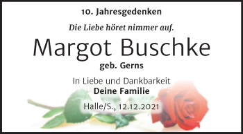 Traueranzeige von Margot Buschke von Mitteldeutsche Zeitung Halle/Saalkreis