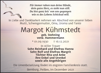 Traueranzeige von Margot Kühmstedt von Trauerkombi Bernburg