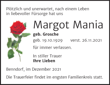 Traueranzeige von Margot Mania von Mitteldeutsche Zeitung Mansfelder Land