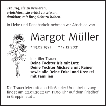 Traueranzeige von Margot Müller von Trauerkombi Bitterfeld