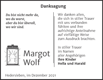 Traueranzeige von Margot Wolf von Trauerkombi Quedlinburg