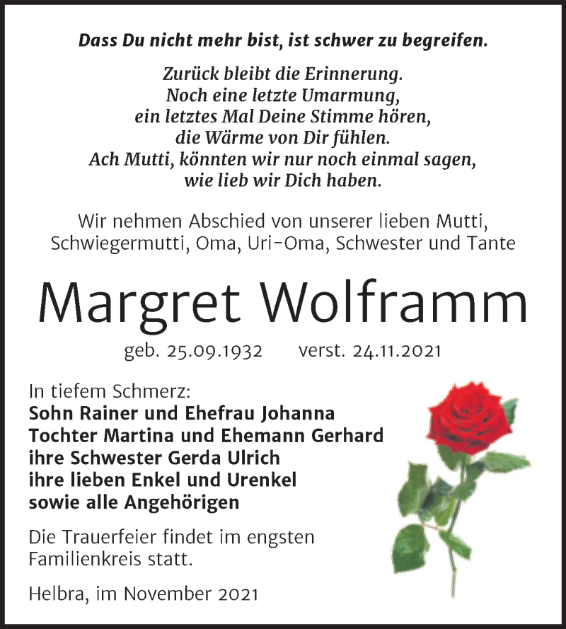  Traueranzeige für Margret Wolframm vom 04.12.2021 aus Trauerkombi Mansfelder Land