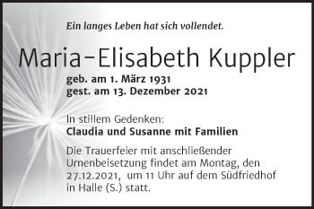 Traueranzeige von Maria-Elisabeth Kuppler von Mitteldeutsche Zeitung Halle/Saalkreis