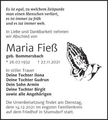 Traueranzeige von Maria Fieß von Trauerkombi Bitterfeld