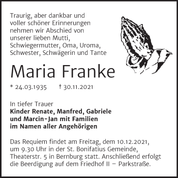Traueranzeige von Maria Franke von Trauerkombi Bernburg