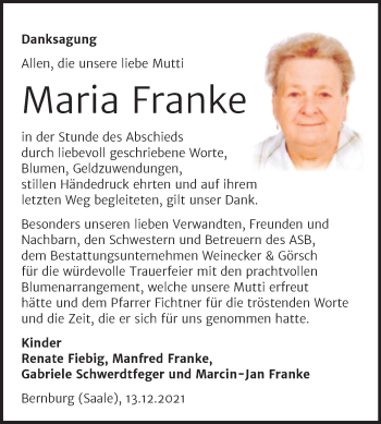Traueranzeige von Maria Franke von Trauerkombi Bernburg