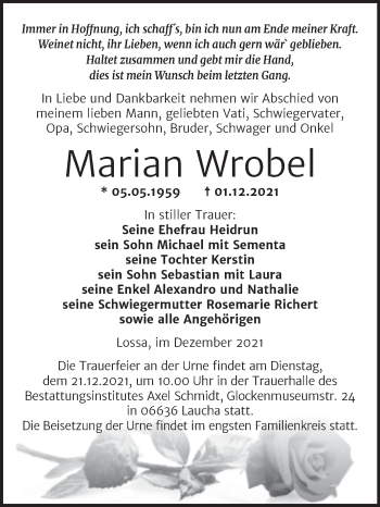 Traueranzeige von Marian Wrobel von Wochenspiegel Naumburg/Nebra