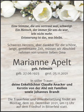 Traueranzeige von Marianne Apelt von Trauerkombi Bitterfeld