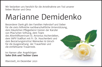 Traueranzeige von Marianne Demidenko von Trauerkombi Aschersleben