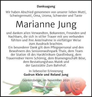 Traueranzeige von Marianne Jung von Trauerkombi Quedlinburg