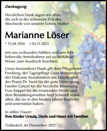 Traueranzeige von Marianne Löser von Wochenspiegel Naumburg/Nebra