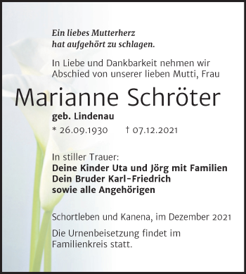Traueranzeige von Marianne Schröter von Trauerkombi Weißenfels