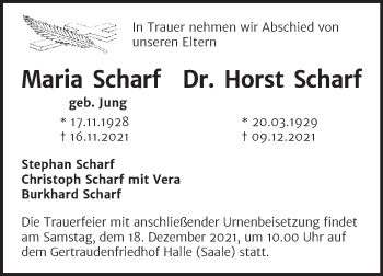 Traueranzeige von Maria und Horst Scharf von Mitteldeutsche Zeitung Halle/Saalkreis